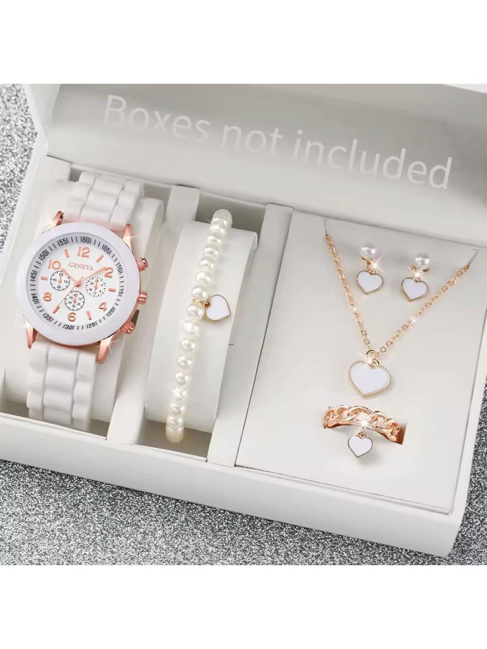 Geneva White Silicone Quartz Watch with Pearl Bracelet Jewelry Set